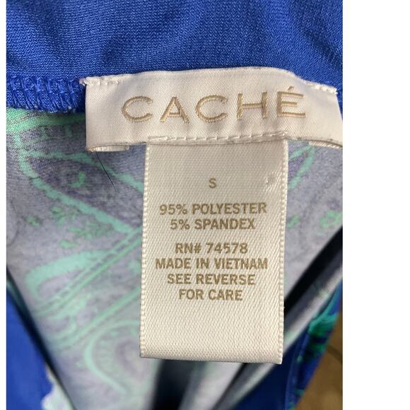 CACHE Dress Stretch Blue Paisley Print sz Small Boho Cruise Vacation Retro 70s - Picture 8 of 10